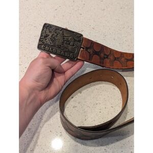 Vtg Colorado State 1975 Brass Tone Adezy Buckle with Tooled Leather Belt 30 - 36